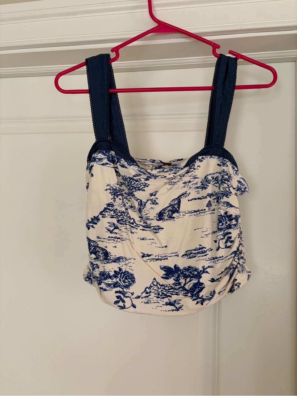Free People Cream and Navy Toile Square-Neck Crop Top